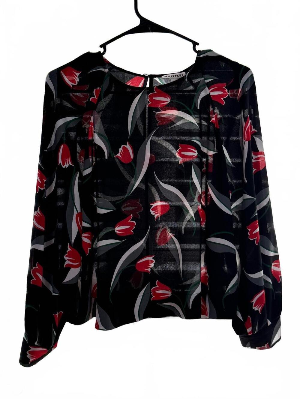 Whistles Tulip Print Bell Cuff Blouse Black Red US 6 UK 10 RRP £109